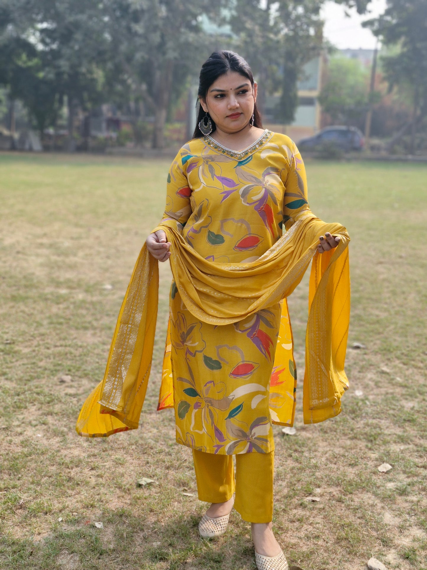 Yellow Floral Muslin Three-Piece Suit with Embroidered silk Dupatta