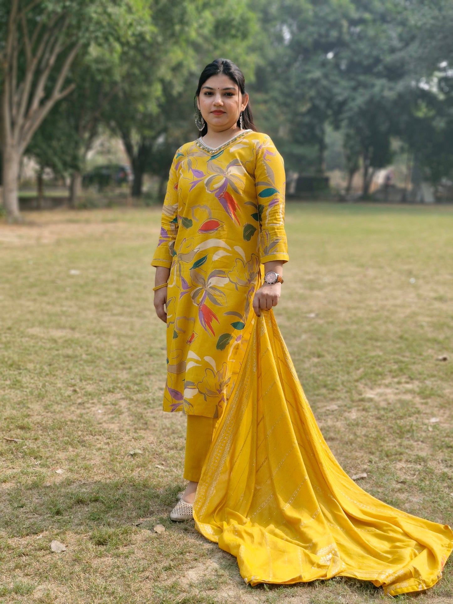 Yellow Floral Muslin Three-Piece Suit with Embroidered silk Dupatta