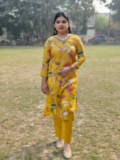 Yellow Floral Muslin Three-Piece Suit with Embroidered silk Dupatta