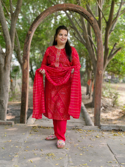 Red Bandhani Print Suit with mirror work embroidery