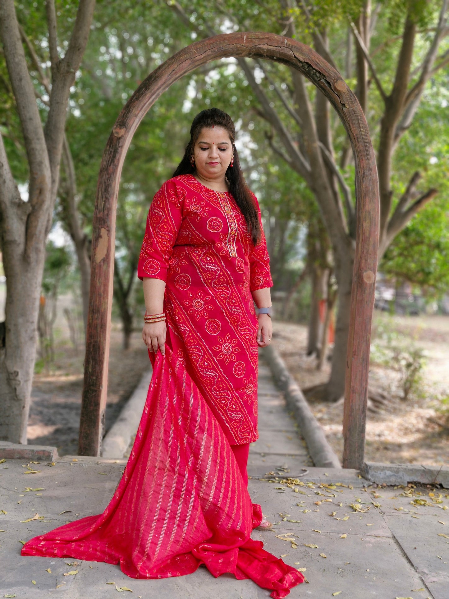 Red Bandhani Print Suit with mirror work embroidery