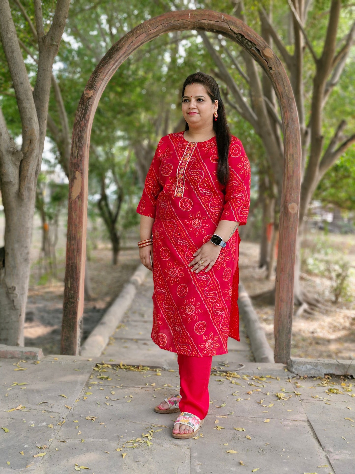 Red Bandhani Print Suit with mirror work embroidery