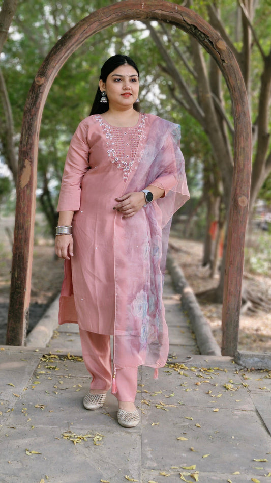 Blush Bloom pastel pink Embroidered Suit Set