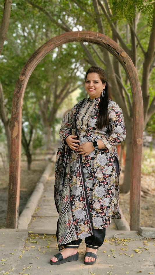 Black Floral Print Suit with Embroidered Neckline and Striped Dupatta