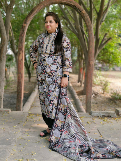 Black Floral Print Suit with Embroidered Neckline and Striped Dupatta