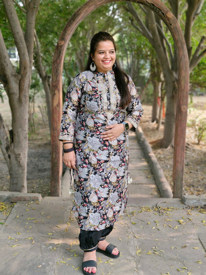 Black Floral Print Suit with Embroidered Neckline and Striped Dupatta