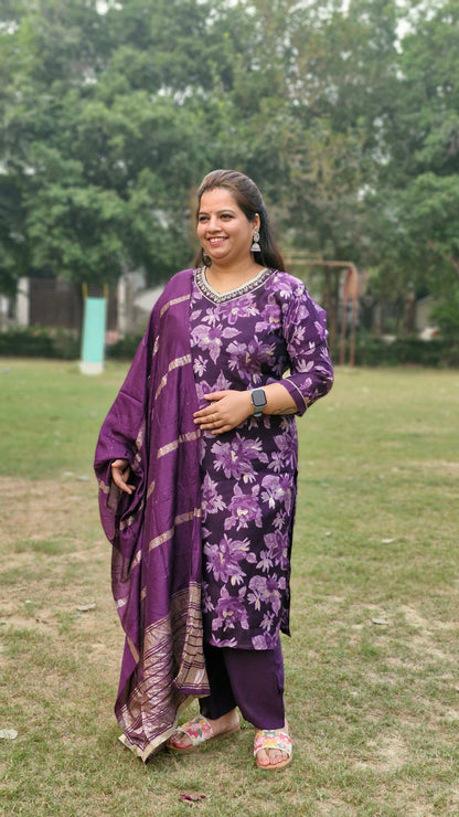 Purple Floral Muslin Three-Piece Suit with Embroidered silk Dupatta