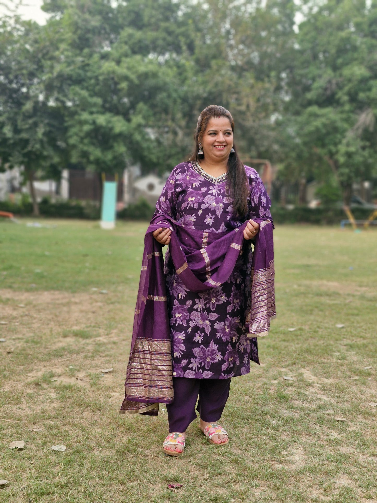 Purple Floral Muslin Three-Piece Suit with Embroidered silk Dupatta