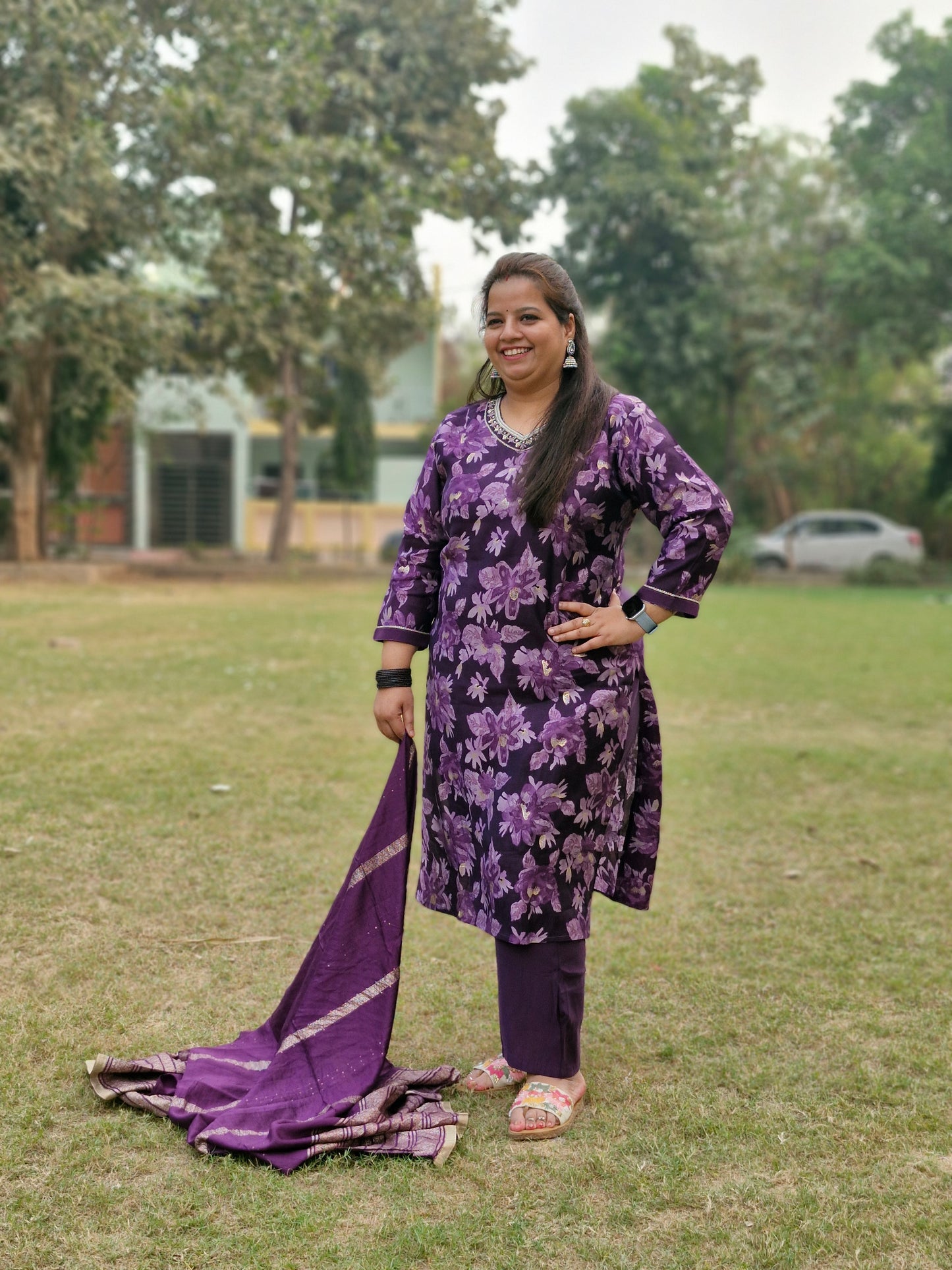 Purple Floral Muslin Three-Piece Suit with Embroidered silk Dupatta