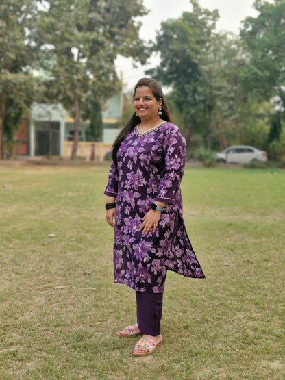 Purple Floral Muslin Three-Piece Suit with Embroidered silk Dupatta