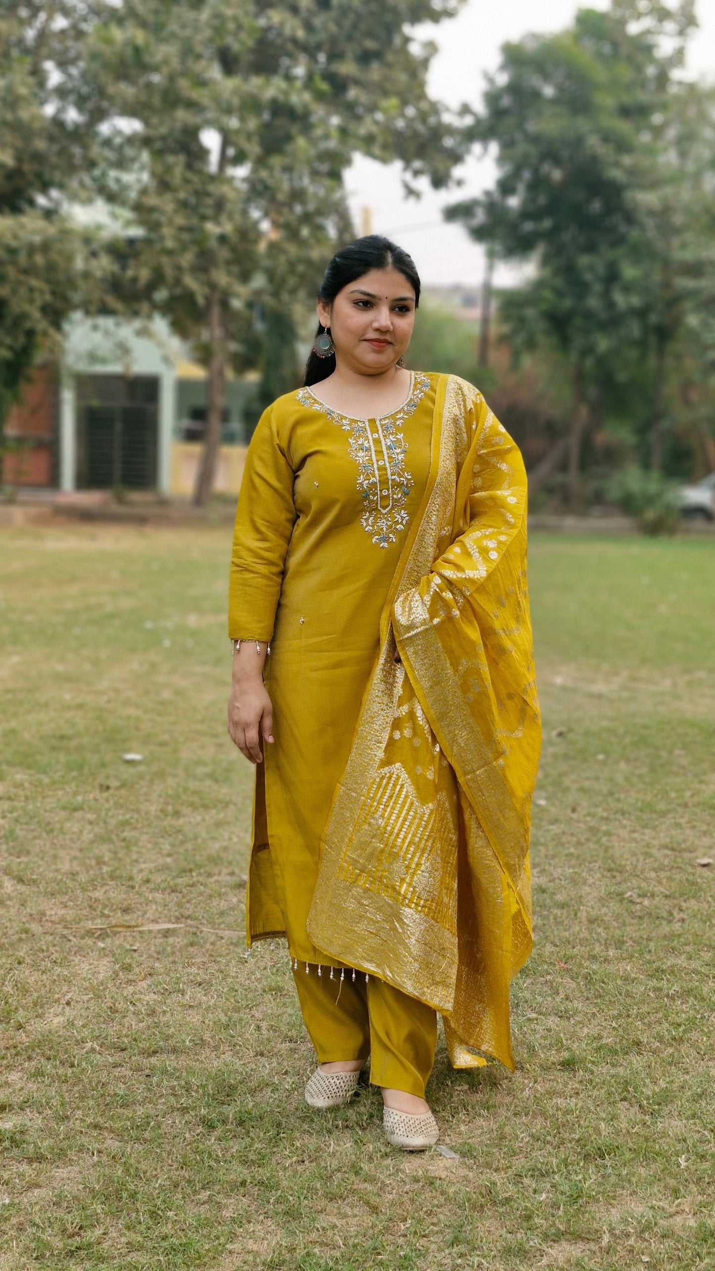 Golden Mustard Dola Silk Embroidered Three-Piece Suit with Banarasi Dupatta