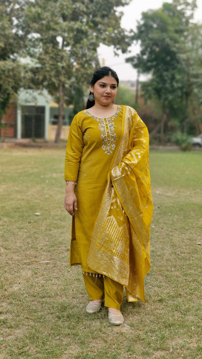 Golden Mustard Dola Silk Embroidered Three-Piece Suit with Banarasi Dupatta