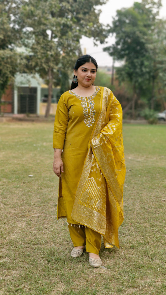 Golden Mustard Dola Silk Embroidered Three-Piece Suit with Banarasi Dupatta