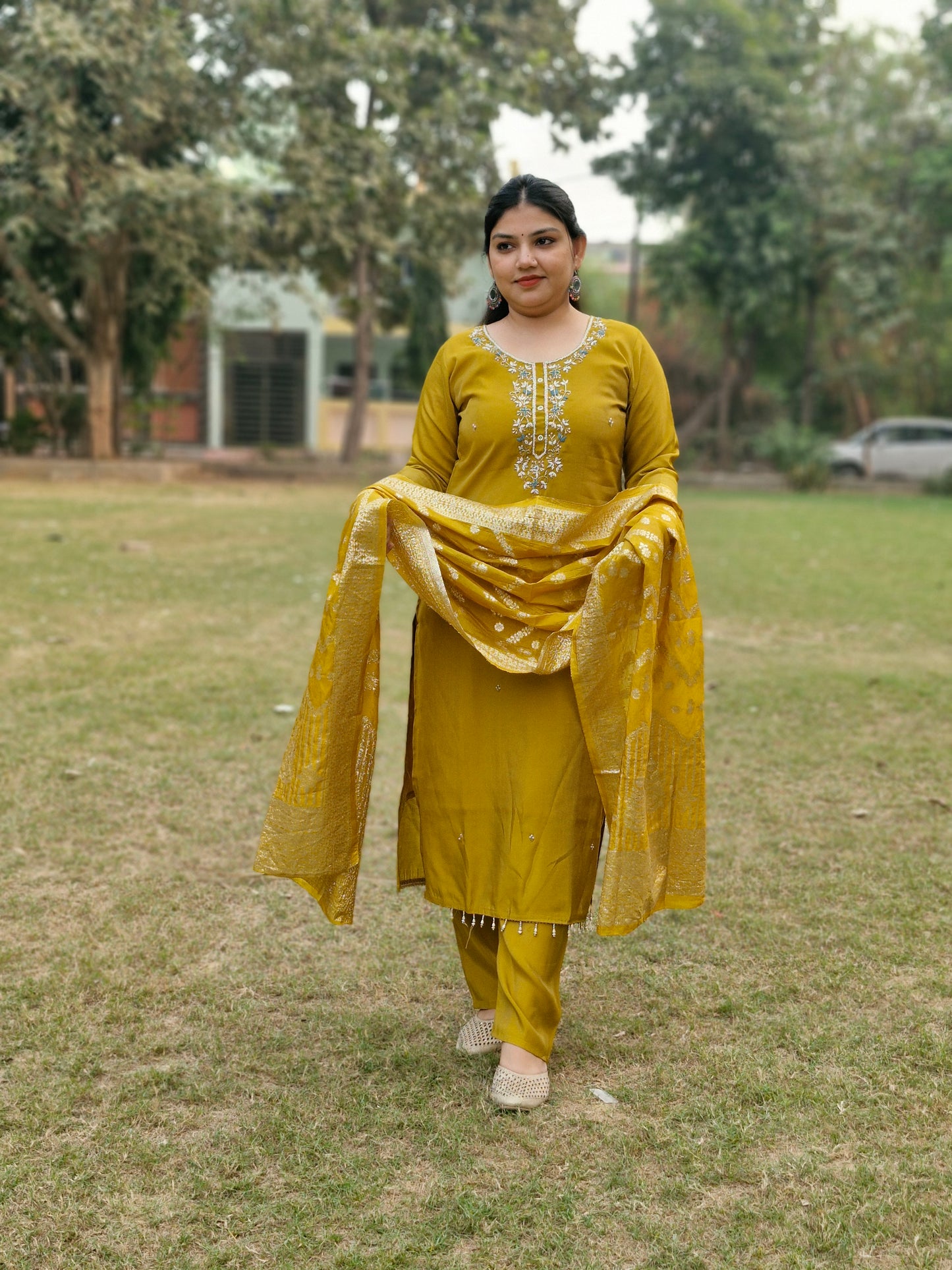 Golden Mustard Dola Silk Embroidered Three-Piece Suit with Banarasi Dupatta