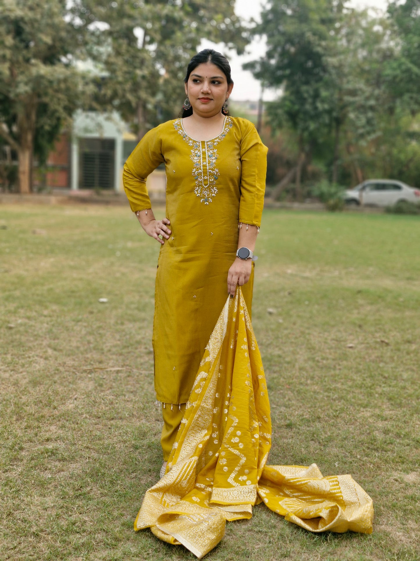 Golden Mustard Dola Silk Embroidered Three-Piece Suit with Banarasi Dupatta