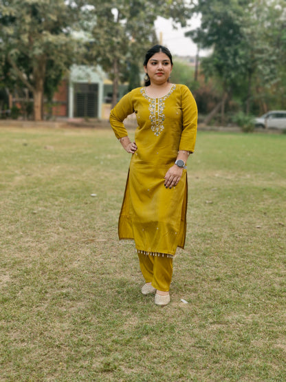 Golden Mustard Dola Silk Embroidered Three-Piece Suit with Banarasi Dupatta