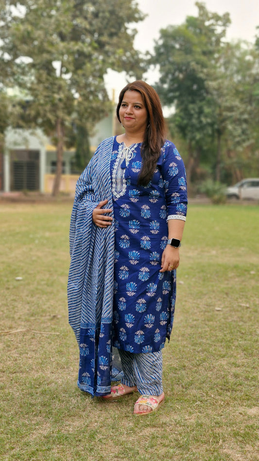 Royal Blue Floral Printed Suit with Striped Dupatta