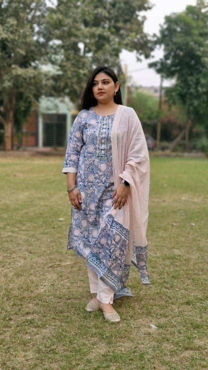 Floral Print Cotton Suit with Embroidered Neckline