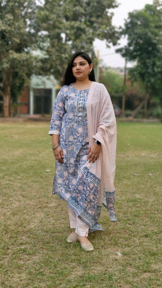 Floral Print Cotton Suit with Embroidered Neckline