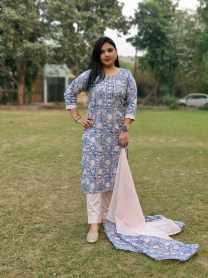 Floral Print Cotton Suit with Embroidered Neckline