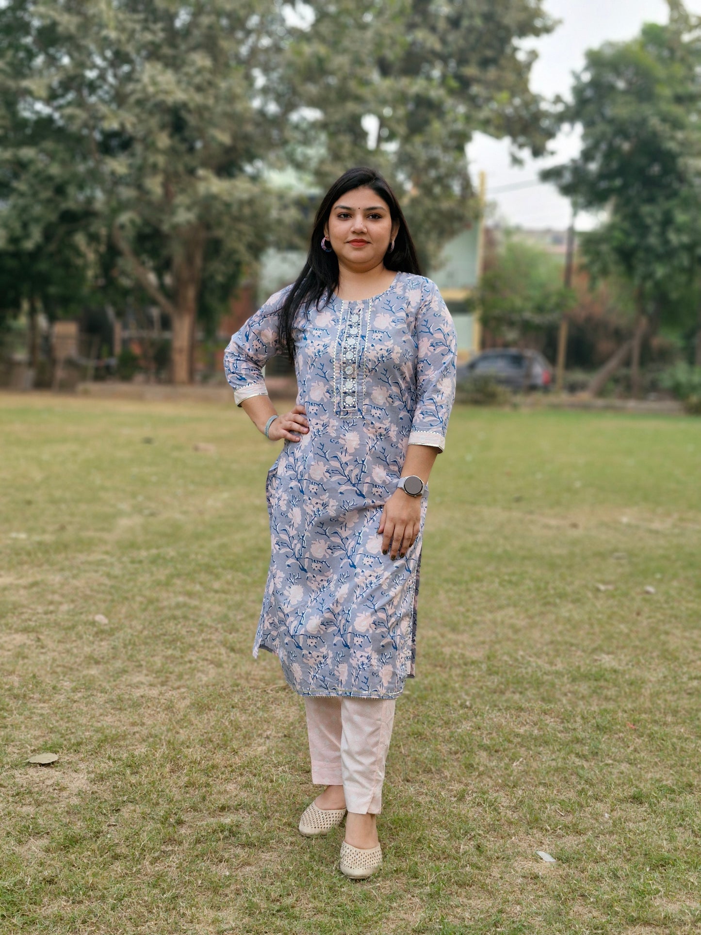 Floral Print Cotton Suit with Embroidered Neckline