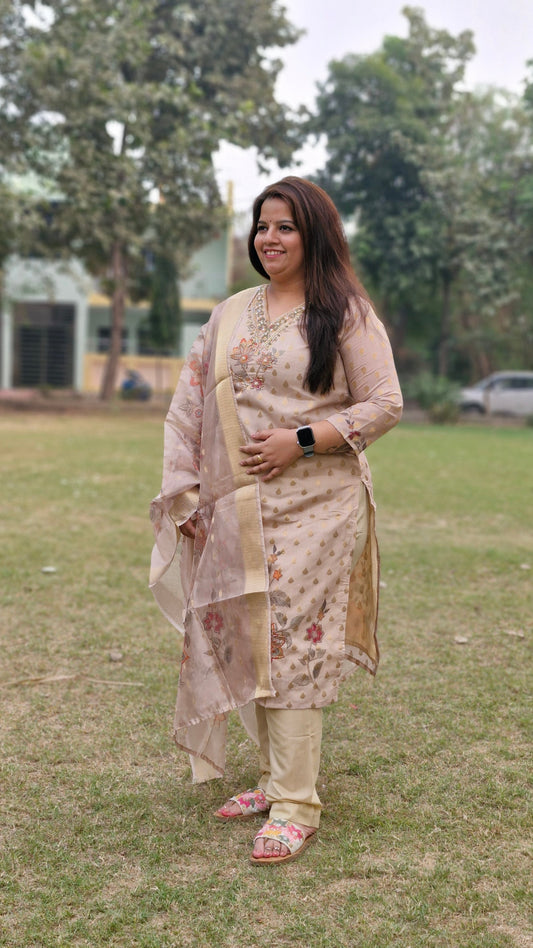 Elegant Beige and Gold Embroidered Suit with Floral Dupatta