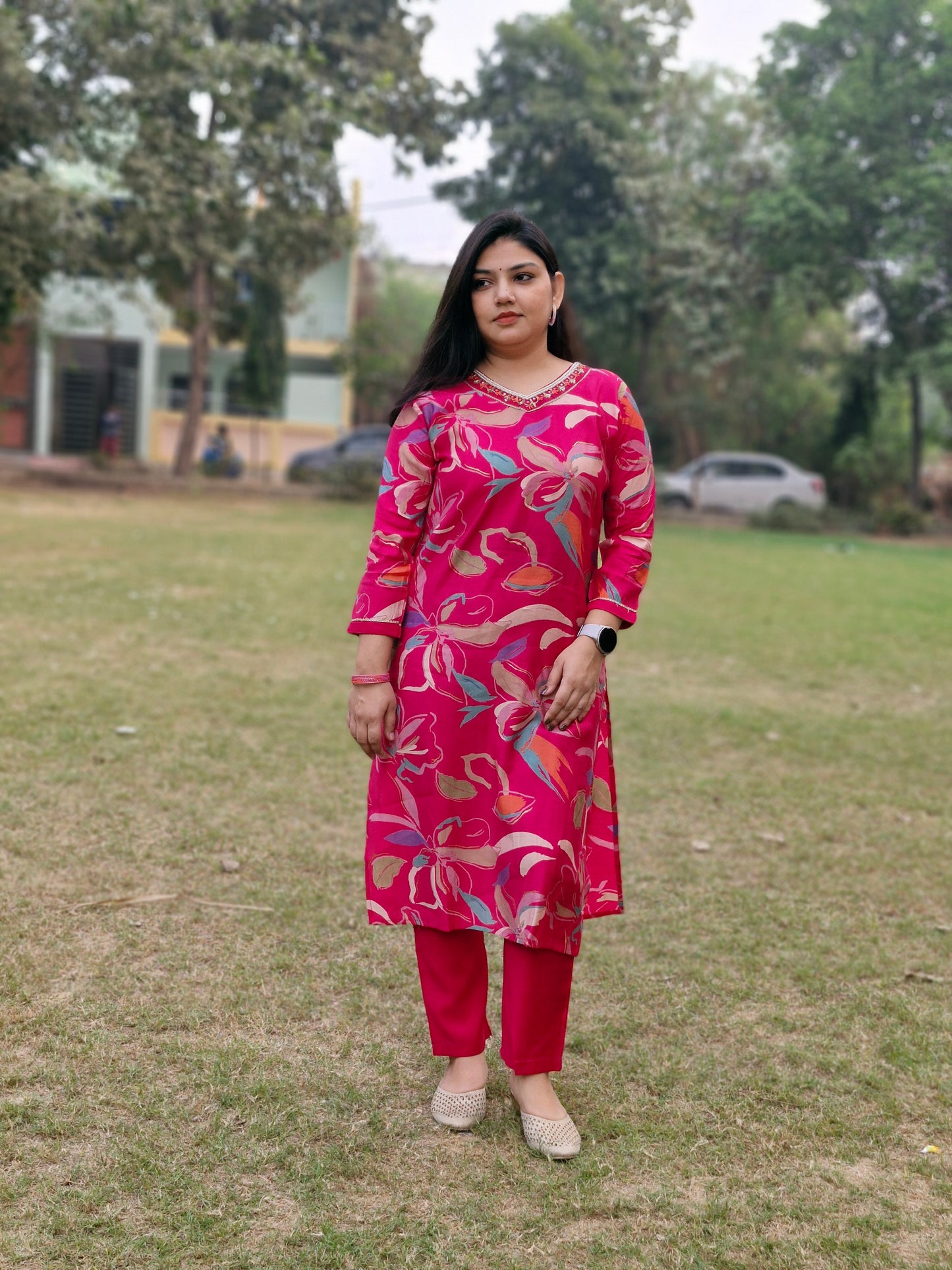 Magenta Pink Floral Muslin Three-Piece Suit with Embroidered Silk Dupatta