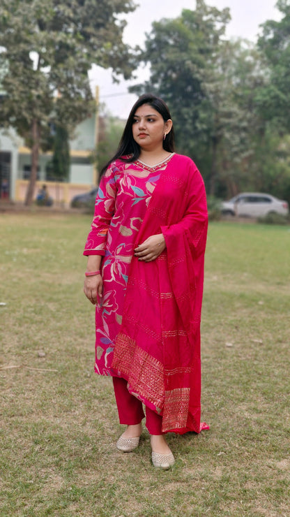 Magenta Pink Floral Muslin Three-Piece Suit with Embroidered Silk Dupatta