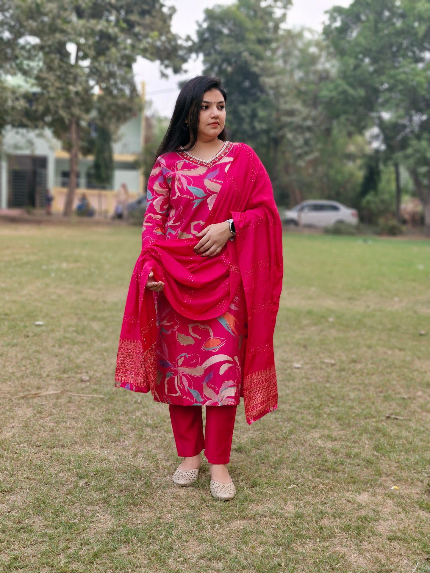 Magenta Pink Floral Muslin Three-Piece Suit with Embroidered Silk Dupatta