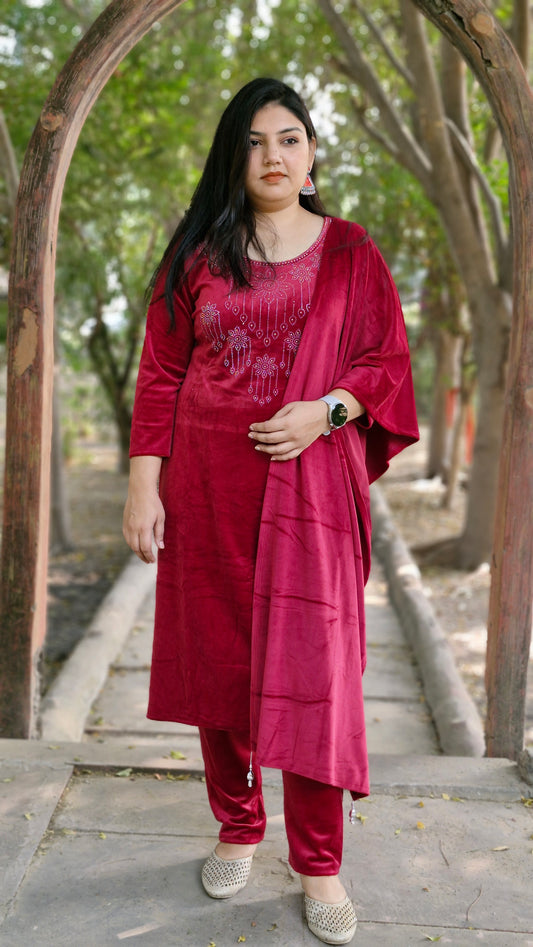 Luxurious Three-Piece Woolen Velvet Suit in Mehroon