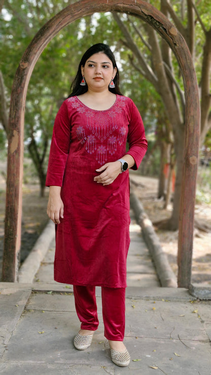 Luxurious Three-Piece Woolen Velvet Suit in Mehroon