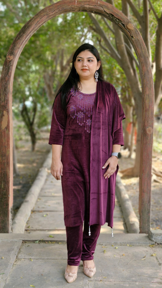 Elegant Three-Piece Woolen Velvet Suit in Purple