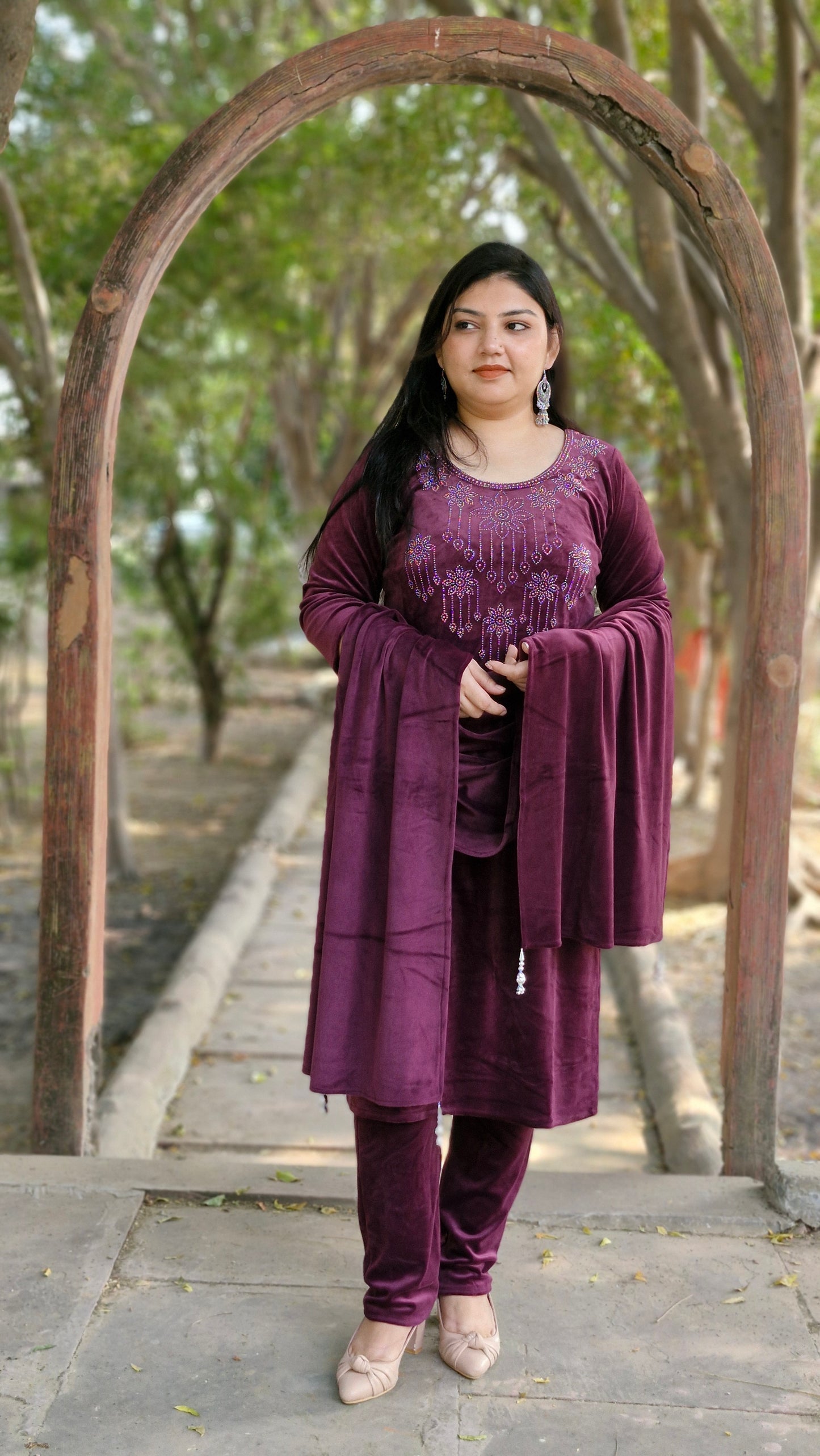 Elegant Three-Piece Woolen Velvet Suit in Purple