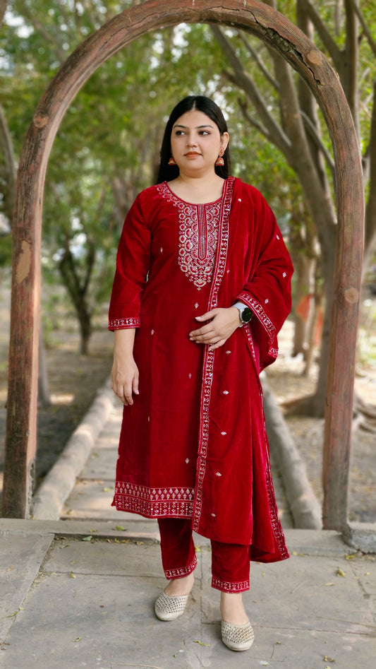 Red Velvet Embroidered Three-Piece Suit (Winter Wedding Collection)