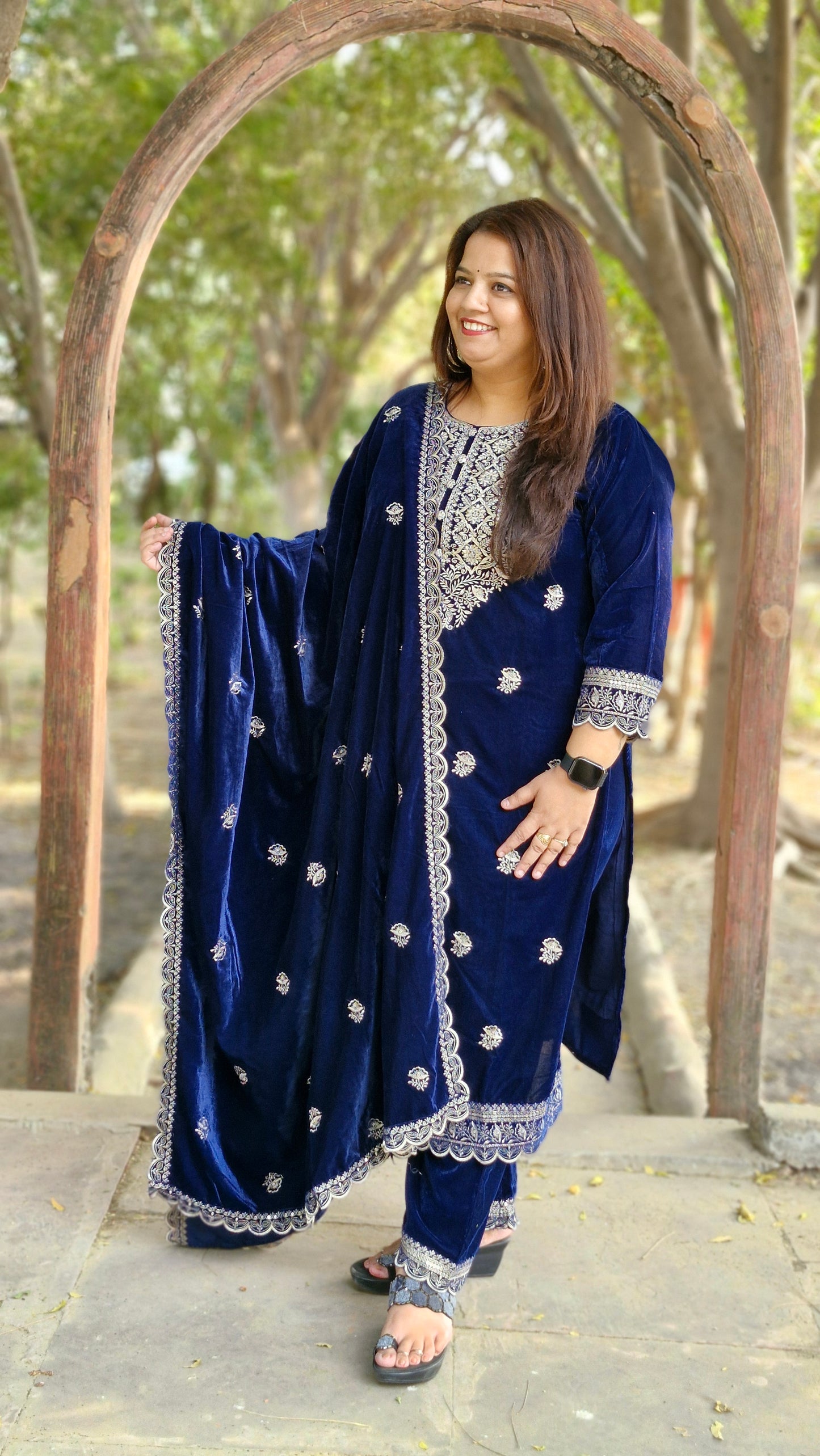 Navy Blue Velvet Embroidered Three-Piece Suit (Winter Wedding Collection)