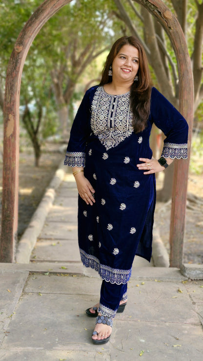 Navy Blue Velvet Embroidered Three-Piece Suit (Winter Wedding Collection)