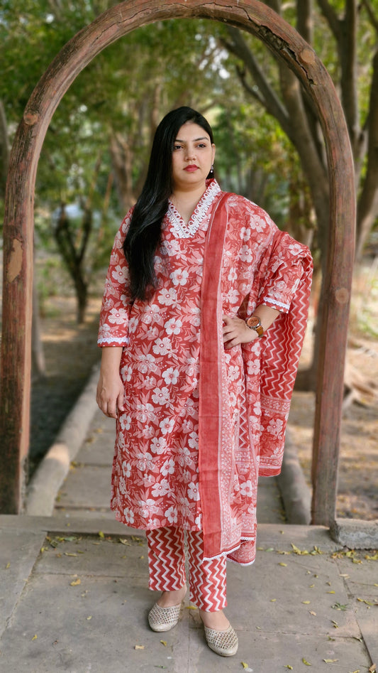 Embroidered Floral Print Three-Piece Suit