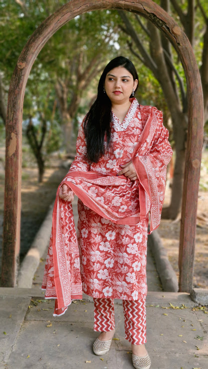 Embroidered Floral Print Three-Piece Suit