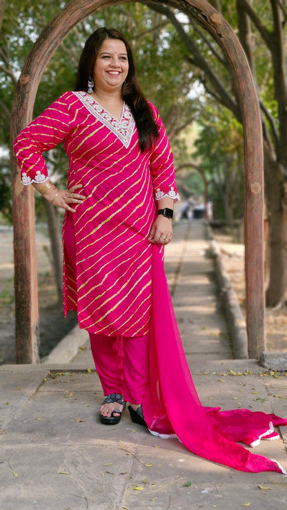 Magenta Bandhani Embroidered Three-Piece Suit