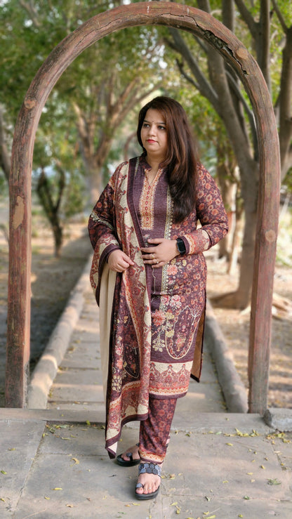 Soft Woolen Floral Printed Three-Piece Suit (Winter Collection) Brown Color