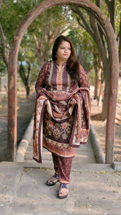 Soft Woolen Floral Printed Three-Piece Suit (Winter Collection) Brown Color