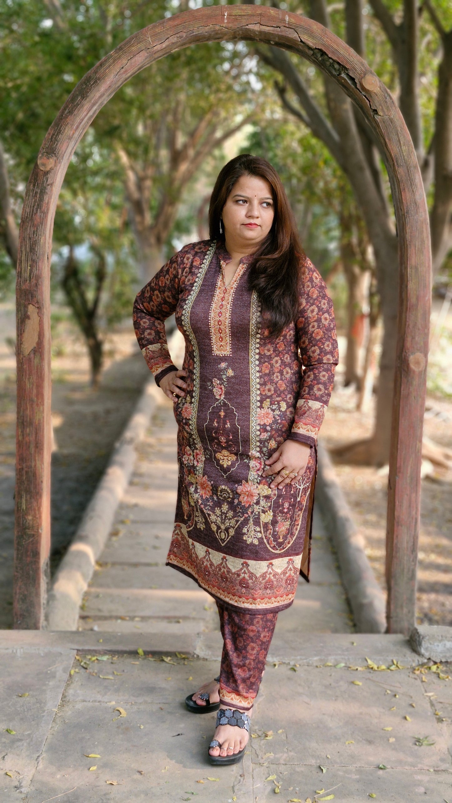 Soft Woolen Floral Printed Three-Piece Suit (Winter Collection) Brown Color