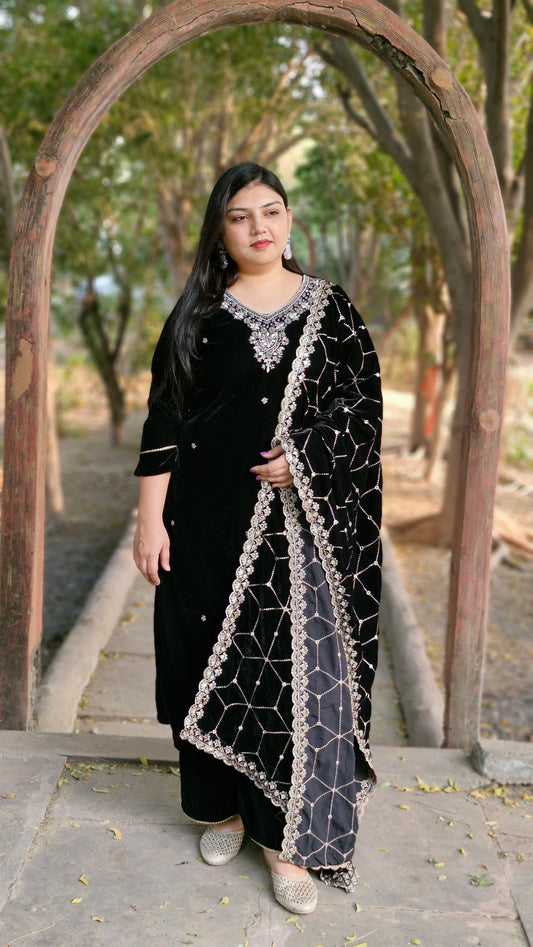 Black Velvet Embroidered Three-Piece Suit Set (Winter Wedding Collection)