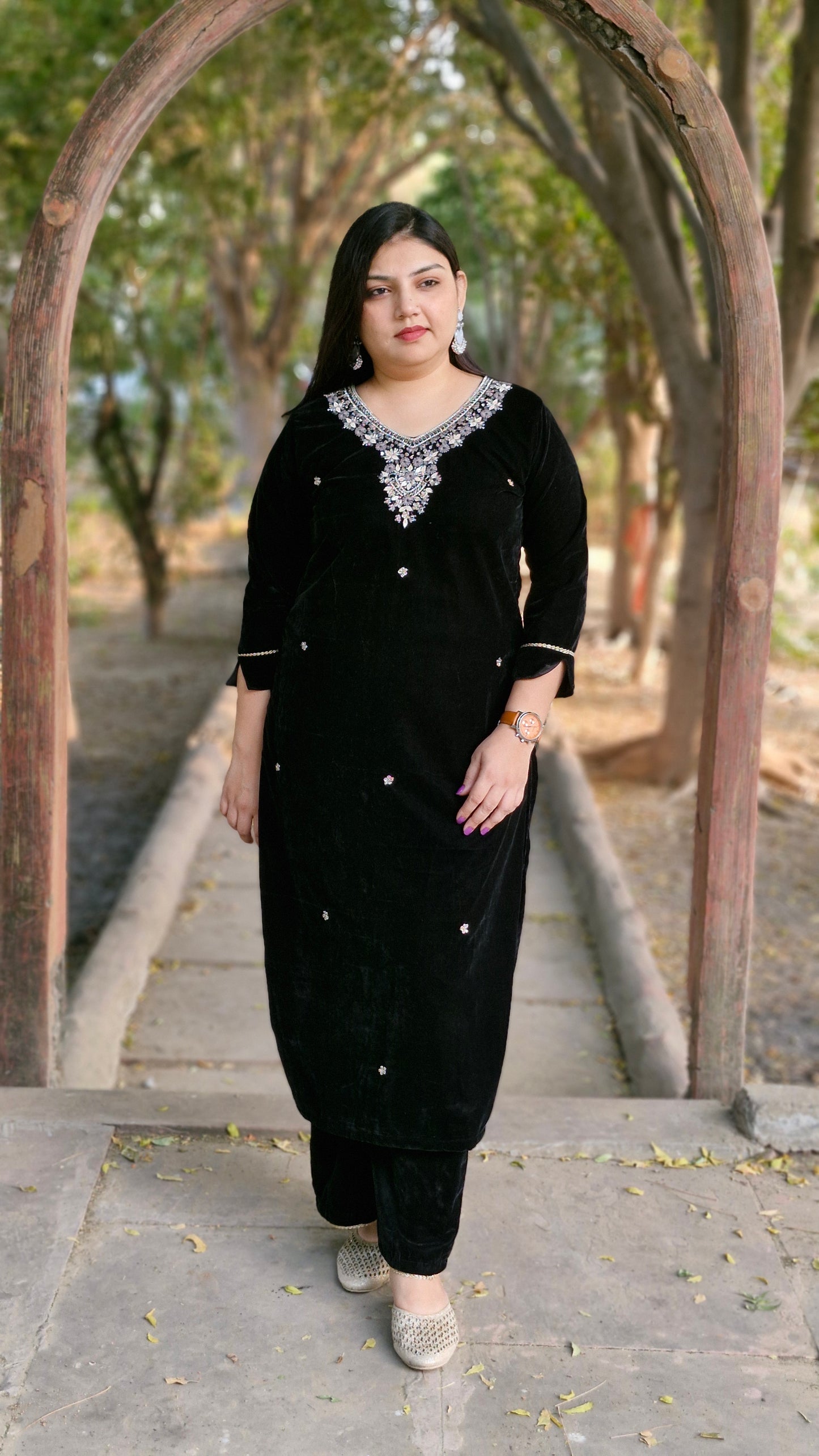 Black Velvet Embroidered Three-Piece Suit Set (Winter Wedding Collection)