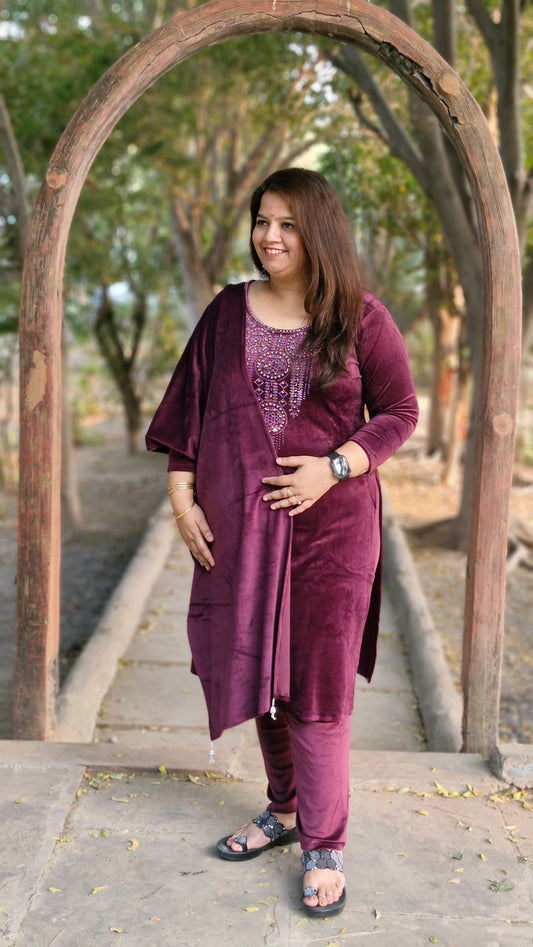 Elegant Three-Piece Woolen Velvet Suit in Purple