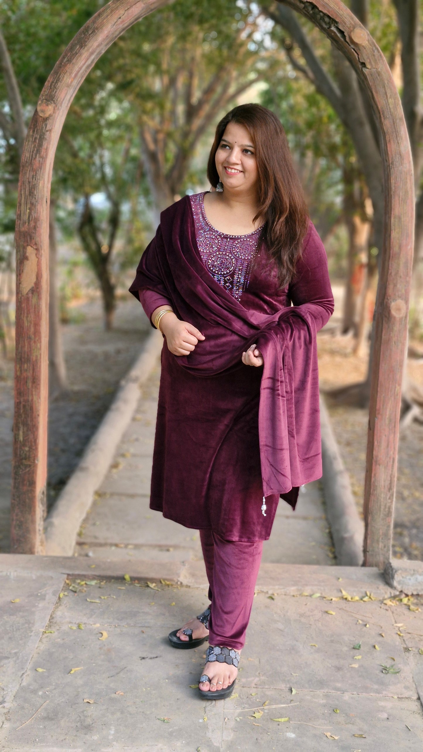 Elegant Three-Piece Woolen Velvet Suit in Purple