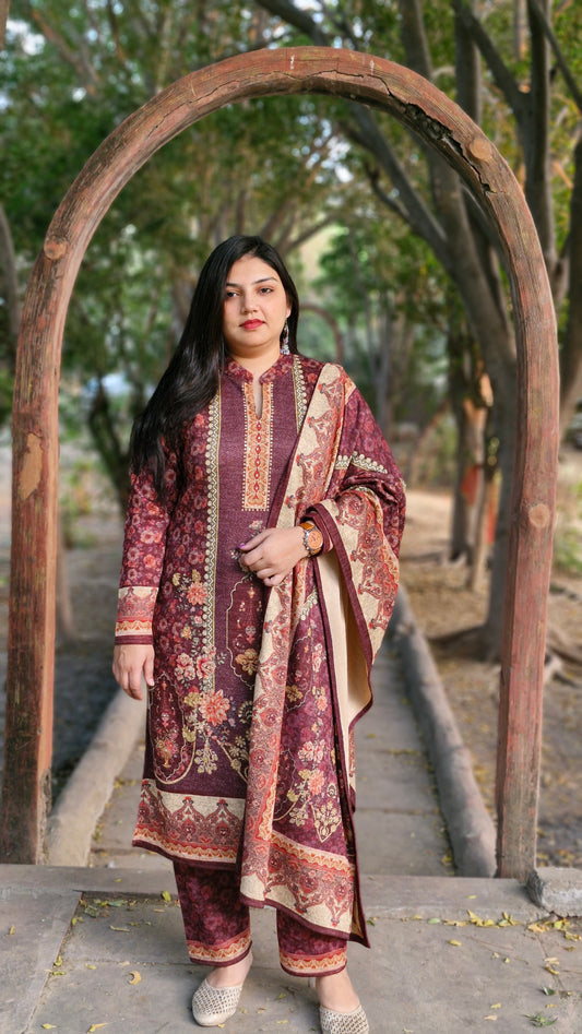 Cozy Soft Woolen Three-Piece Suit in Mehroon