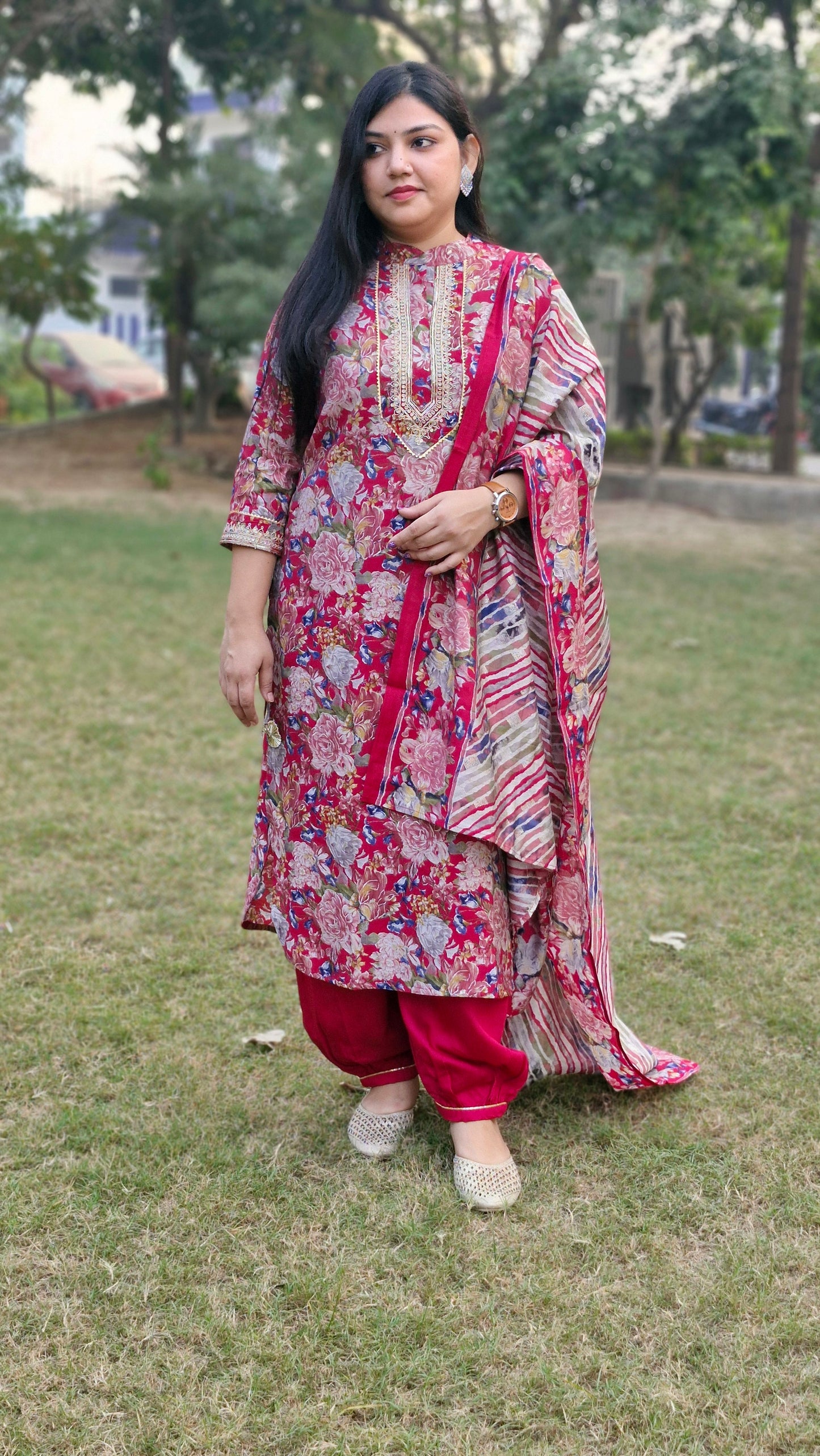 Deep Pink Floral Print Suit with Embroidered Neckline and Striped Dupatta