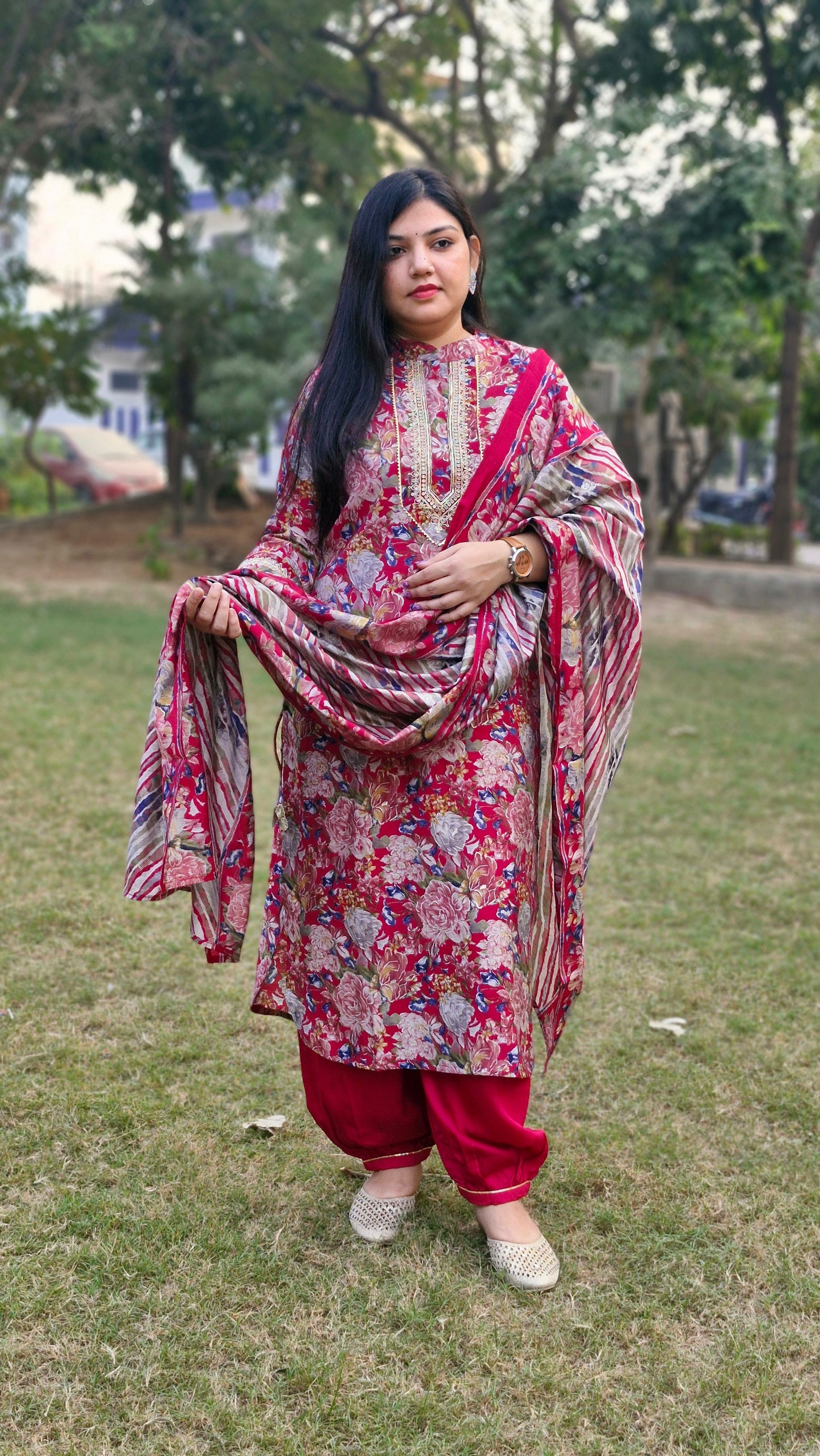 Deep Pink Floral Print Suit with Embroidered Neckline and Striped Dupatta