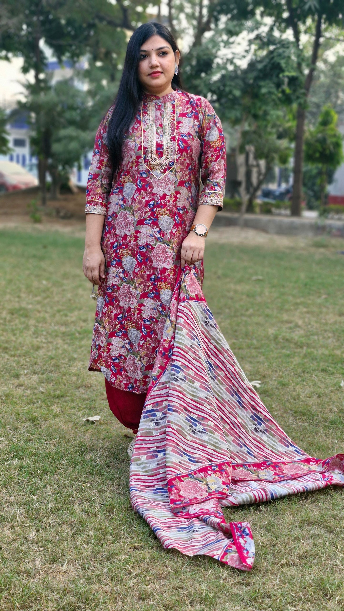 Deep Pink Floral Print Suit with Embroidered Neckline and Striped Dupatta